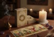 Image of a deck of tarot card with three cards spread on table, candles, and calming room scene.