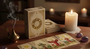 Image of a deck of tarot card with three cards spread on table, candles, and calming room scene.