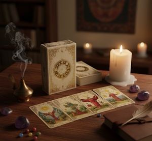Image of a deck of tarot card with three cards spread on table, candles, and calming room scene.